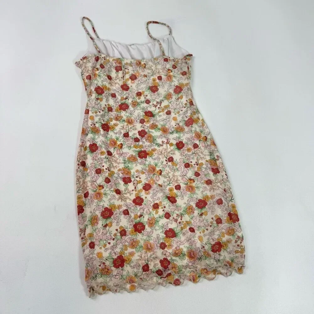 Liz & Sara Mini Dress Womens Medium Tan Floral Y2K Lined Smocked Crepe Milkmaid - Picture 8 of 9